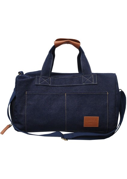 Koyu Mavi Seyahat Çantası Retro Denim Seyahat Çantası Büyük Kapasiteli El Bagajı Silindir Çanta Unisex Rahat Omuz Crossbody Çanta Ayakkabı ile Bit Seyahat Çanta (Yurt Dışından)