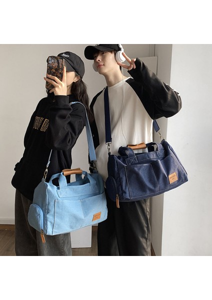 Koyu Mavi Seyahat Çantası Retro Denim Seyahat Çantası Büyük Kapasiteli El Bagajı Silindir Çanta Unisex Rahat Omuz Crossbody Çanta Ayakkabı ile Bit Seyahat Çanta (Yurt Dışından) modelleri