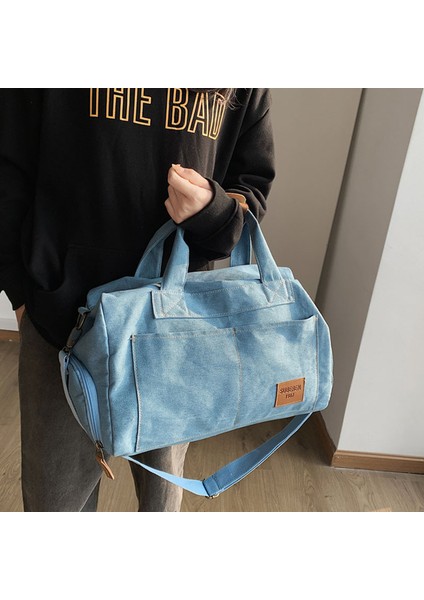 Koyu Mavi Seyahat Çantası Retro Denim Seyahat Çantası Büyük Kapasiteli El Bagajı Silindir Çanta Unisex Rahat Omuz Crossbody Çanta Ayakkabı ile Bit Seyahat Çanta (Yurt Dışından) fırsatları