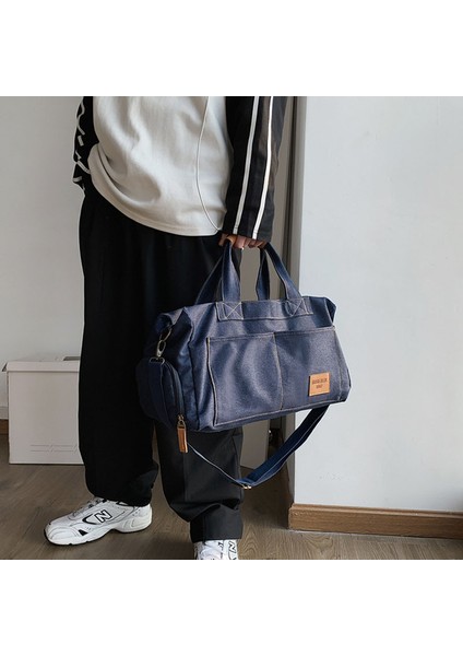Koyu Mavi Seyahat Çantası Retro Denim Seyahat Çantası Büyük Kapasiteli El Bagajı Silindir Çanta Unisex Rahat Omuz Crossbody Çanta Ayakkabı ile Bit Seyahat Çanta (Yurt Dışından) indirimleri