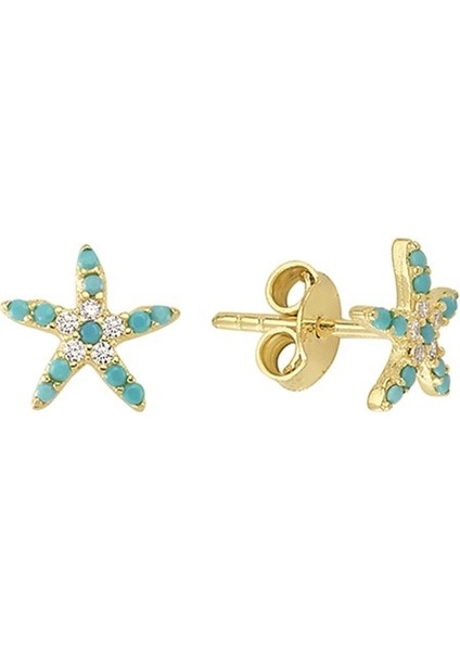 14 Ayar Gökkuşağı ve Firuze Modeli Taşlı Yıldız Altın Küpe