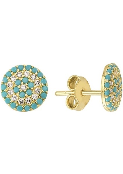 14 Ayar Gökkuşağı ve Firuze Modeli Taşlı Yuvarlak Altın Küpe