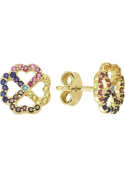 14 Ayar Gökkuşağı Firuze Modeli Taşlı Yuvarlak Altın Küpe