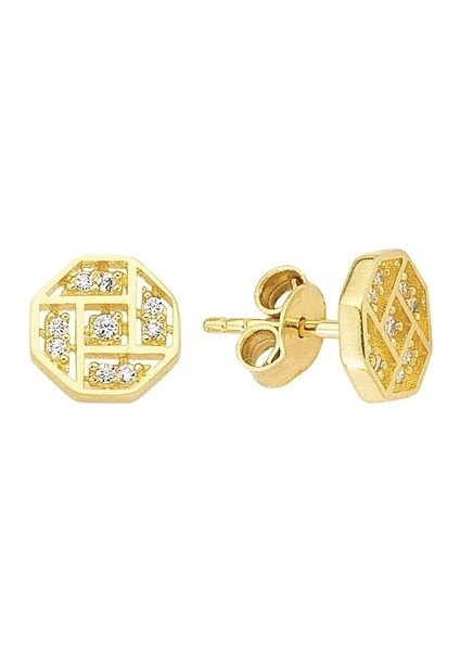 14 Ayar Taşlı Geometrik Altın Küpe