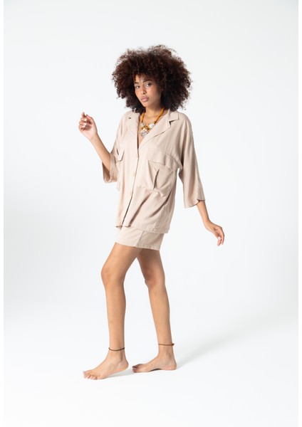 Bej Düğmeli Rahat Kesim %100 Pamuk Ceket Gömlek modelleri