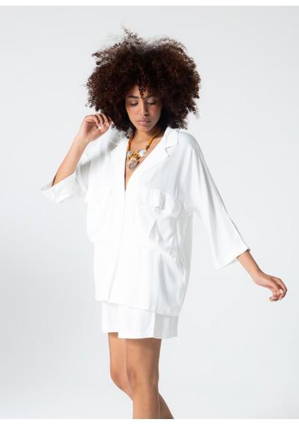 Krem Düğmeli Rahat Kesim %100 Pamuk Ceket Gömlek modelleri