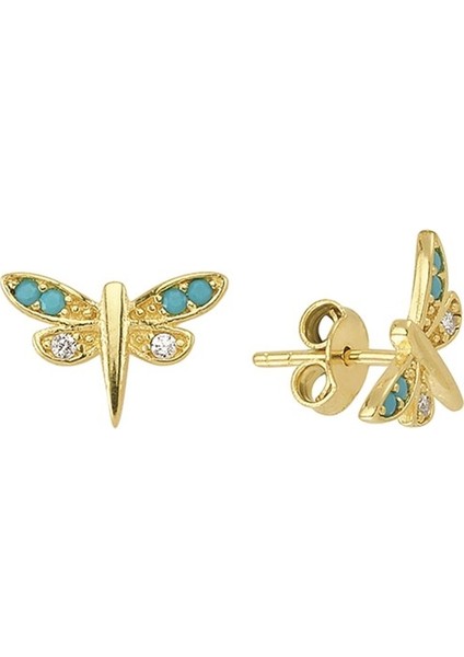 14 Ayar Gökkuşağı ve Firuze Modeli Taşlı Yusufçuk Altın Küpe