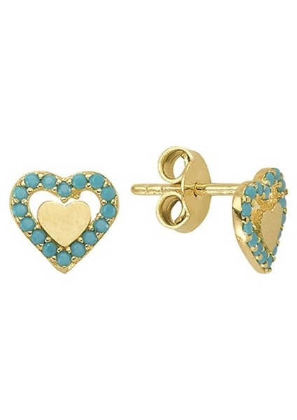 14 Ayar Gökkuşağı ve Firuze Modeli Taşlı Kalp Altın Küpe