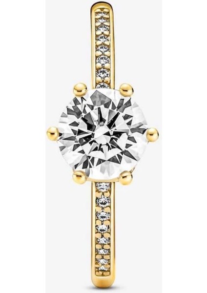 Şeffaf Işıltılı Taç Tektaş Yüzük Gold Renk