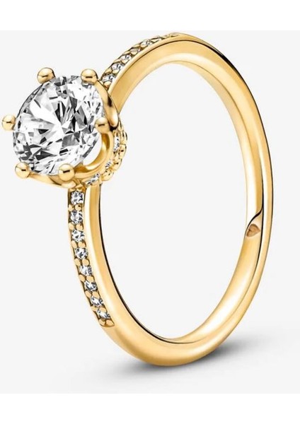 Şeffaf Işıltılı Taç Tektaş Yüzük Gold Renk modelleri