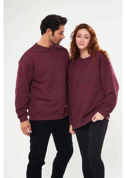 Unisex Bordo Oversize Bol Kalıp Basic Sweatshirt (Sevgili-Çift Kombini Tavsiyesi)