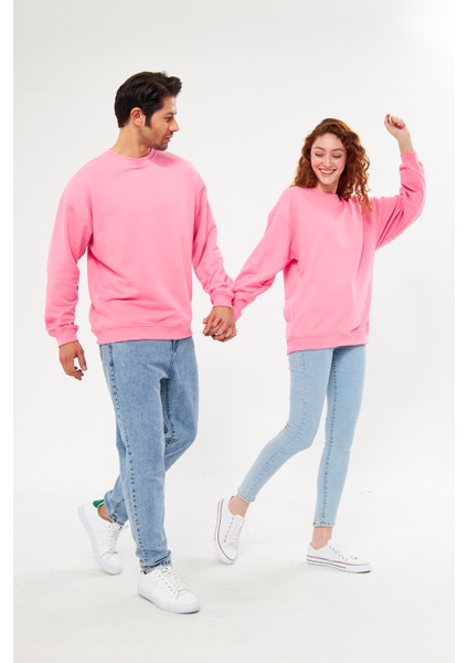 Unisex Pembe Oversize Bol Kalıp Sweatshirt (Sevgili-Çift Kombini Tavsiyesi)