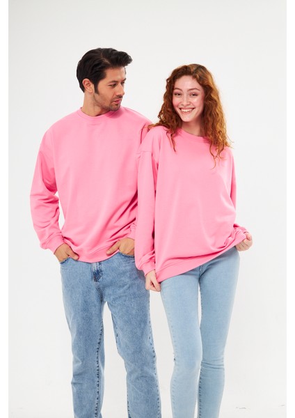 Unisex Pembe Oversize Bol Kalıp Sweatshirt (Sevgili-Çift Kombini Tavsiyesi) fırsatları