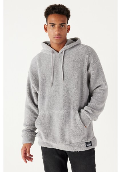 Erkek Açık Gri Oversize Bol Kesim Kapüşonlu Sherpa Sweatshirt Polar