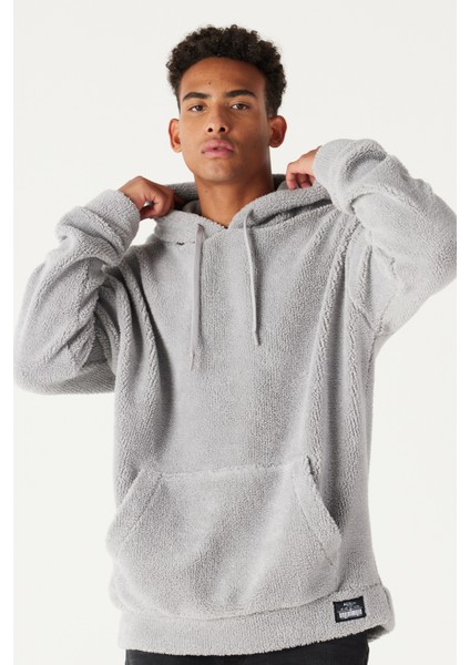 Erkek Açık Gri Oversize Bol Kesim Kapüşonlu Sherpa Sweatshirt Polar