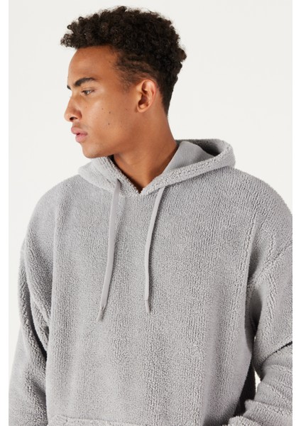 Erkek Açık Gri Oversize Bol Kesim Kapüşonlu Sherpa Sweatshirt Polar