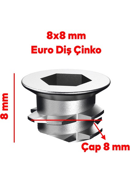 Mobilya Bağlantı Eleman Eki Euro Diş 6 Köşe Vida Metal Dübel 8x8 M6 Çinko (50 Adet)