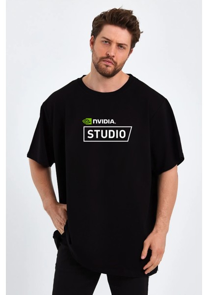 Nvidia Studio Baskılı Sıfır Yaka Unisex Oversize Tişört