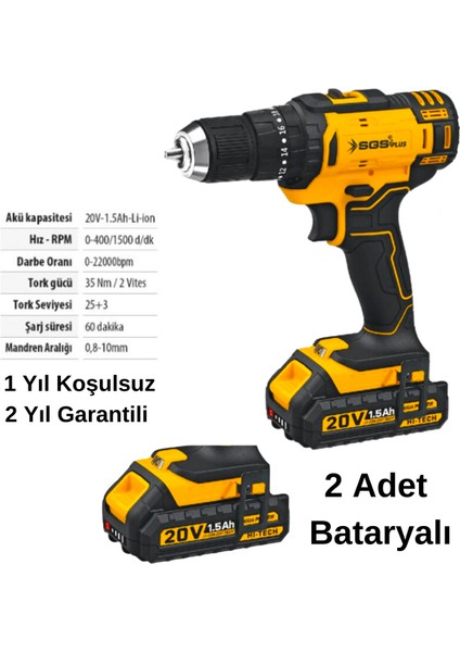 Akülü Darbeli Matkap Seti Çift Akülü 20 Volt -1.5 Amper Sgs 5248