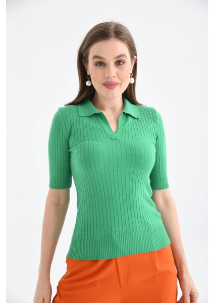 Kadın Slim Fit Pola Yaka Basic Triko Kısa Kol Kazak modelleri