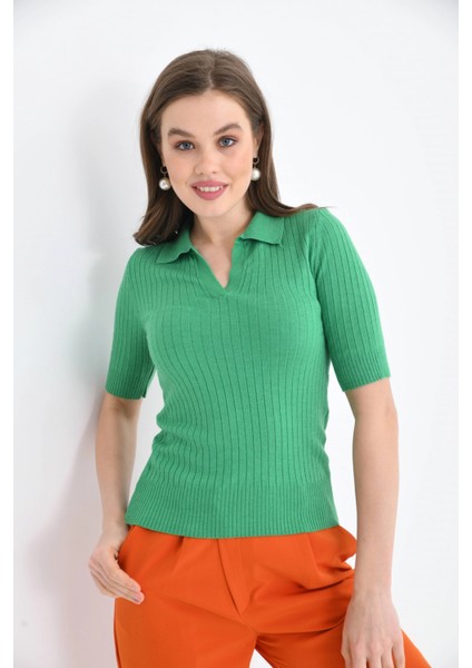 Kadın Slim Fit Pola Yaka Basic Triko Kısa Kol Kazak fırsatları
