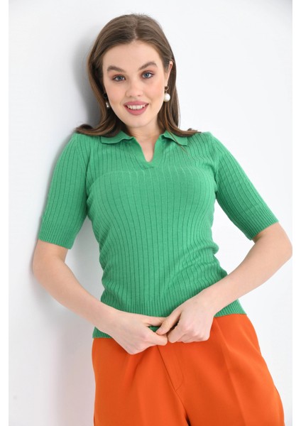 Kadın Slim Fit Pola Yaka Basic Triko Kısa Kol Kazak indirimleri