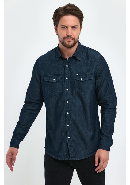 Erkek Koyu Mavi Denim Gömlek