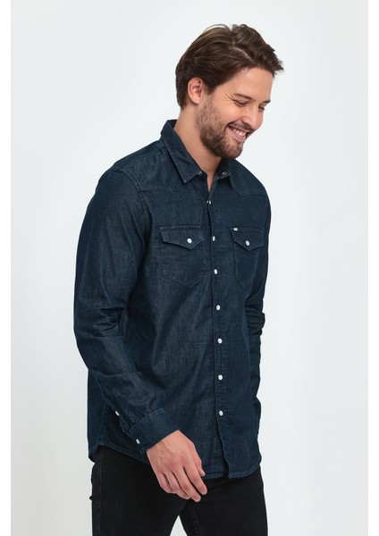 Erkek Koyu Mavi Denim Gömlek