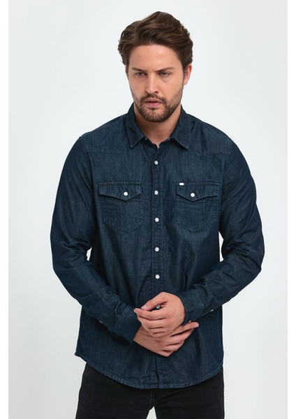 Erkek Koyu Mavi Denim Gömlek