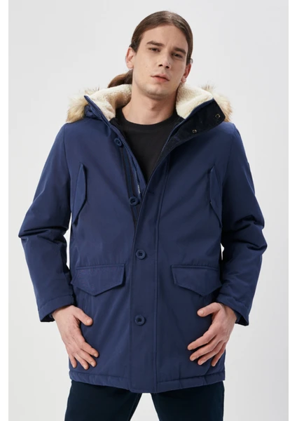 Regular Fit Normal Kesim Dik Yaka Lacivert Parka Ceket