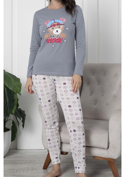 Kadın Pijama Takımı Uzun Kollu Pamuklu Gri