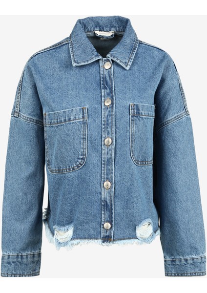 Oversize Gömlek Yaka Düz Indigo Kadın Denim Gömlek A3WL-GML1