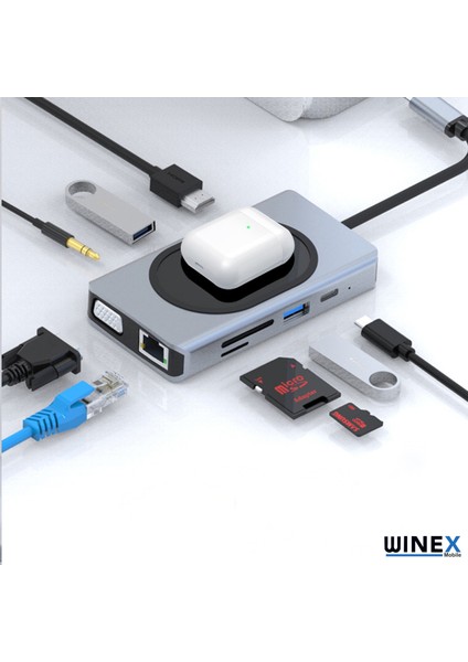 9in1 USB Type-C Hub Port Adaptör 4K HDMI USB Ethernet Pd Girişli 15W Kablosuz Şarj WNE0064