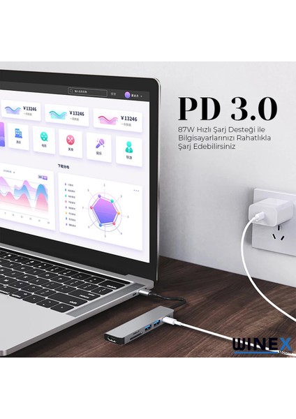 8in1 USB Type-C Hub Port Adaptör HDMI USB Ethernet 100W Pd Girişli WNE0060