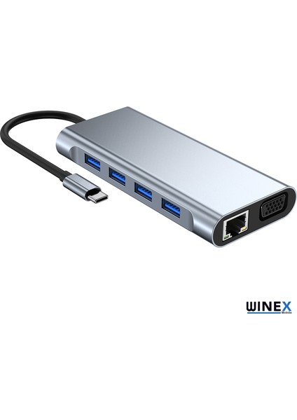 11IN1 Hub Type-C To 4K Hdmı/usba 3.0/tf Sd/vga/3.5mm Aux/pd ŞARJ/RJ45 Ethernet Dönüştürücü Adaptör WNE0059