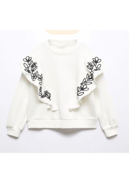 Kız Çocuk Omuz Fırfırlı Çiçek Nakışlı Örme Sweatshirt Bebe Yaka Ekru Renk fiyatları