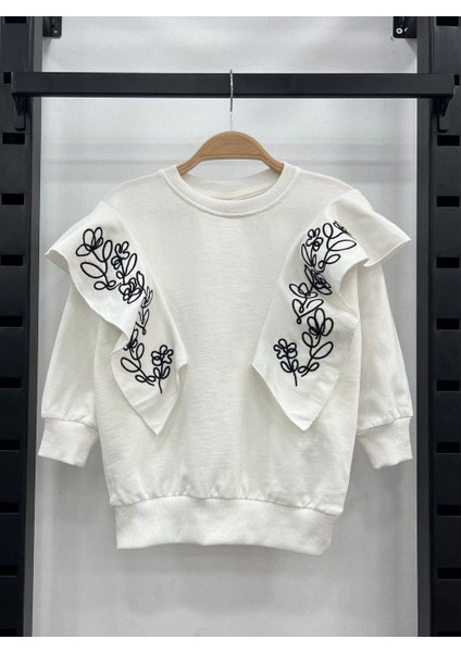 Kız Çocuk Omuz Fırfırlı Çiçek Nakışlı Örme Sweatshirt Bebe Yaka Ekru Renk modelleri