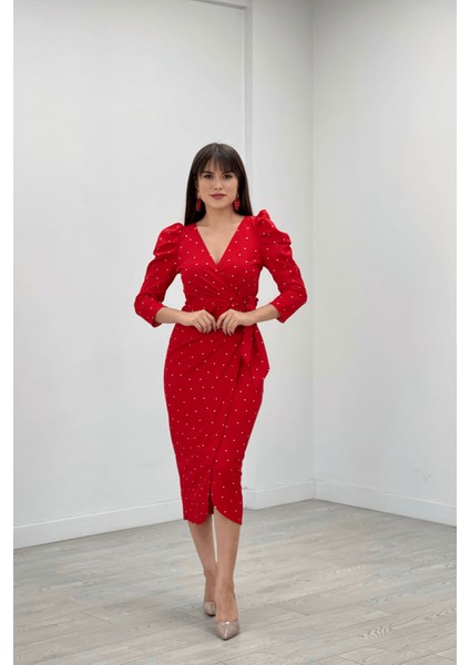Krep Kumaş Puantiye Detaylı Kalem Elbise - Kırmızı