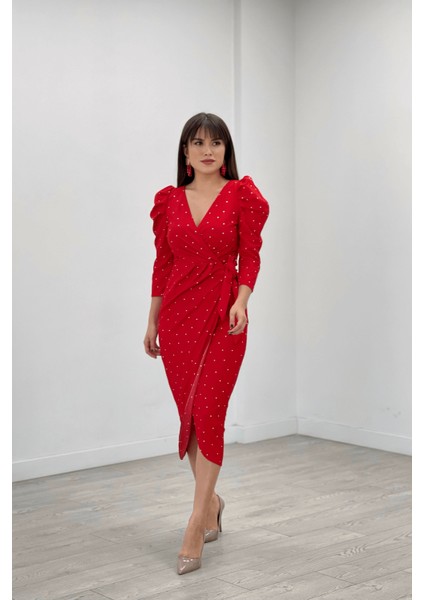 Krep Kumaş Puantiye Detaylı Kalem Elbise - Kırmızı fiyatları