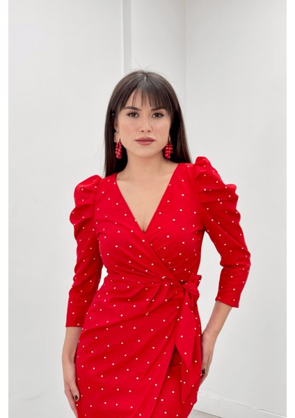 Krep Kumaş Puantiye Detaylı Kalem Elbise - Kırmızı modelleri