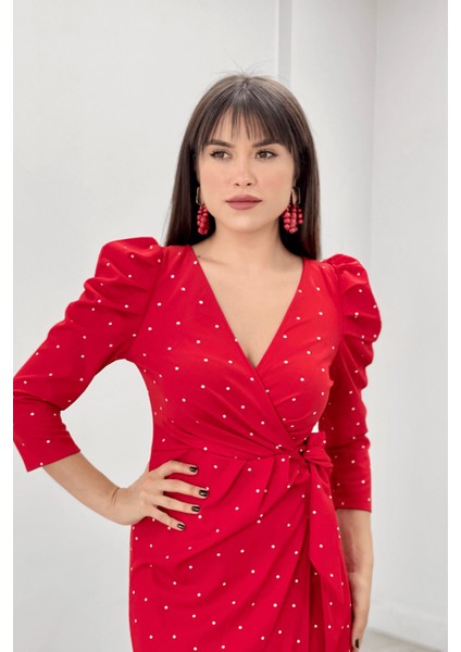 Krep Kumaş Puantiye Detaylı Kalem Elbise - Kırmızı fırsatları