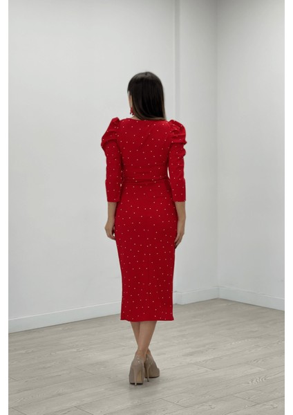 Krep Kumaş Puantiye Detaylı Kalem Elbise - Kırmızı indirimleri