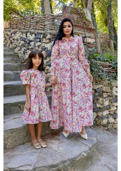 Tesettür Turuncu Pastel Çiçekli Boyundan Bağlamalı Kloş Anne Kız Kombini (Tekli Satılmaktadır) fırsatları