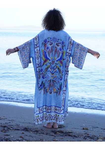 Mavi Kuş Desenli Kimono
