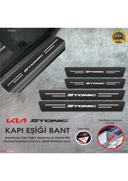 Kia Stonic  Logolu Karbon Kapı Eşiği Koruyucu Suni Deri 4'lü Set