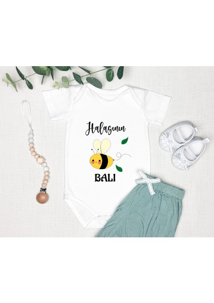 Isme Özel Isimli Baskı Yazılabilen %100 Pamuk Halasının Balı Bebek Zıbın Bod