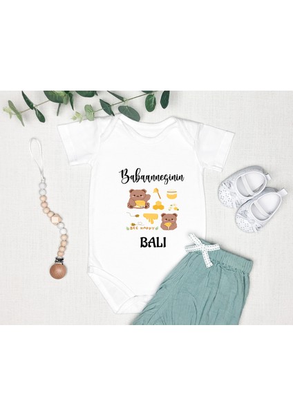 Isme Özel Isimli Baskı Yazılabilen %100 Pamuk Babaannesinin Balı Bebek Zıbın Bod