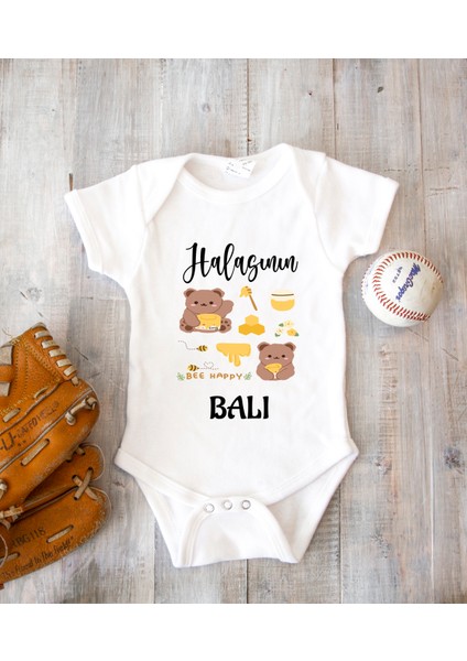Isme Özel Isimli Baskı Yazılabilen %100 Pamuk Halasının Balı Bebek Zıbın Bod