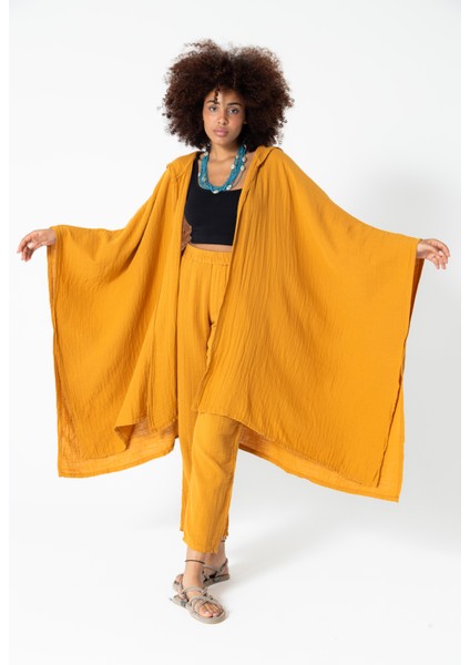 Karamel Müslin Salaş Kapüşonlu Bohem Kaftan