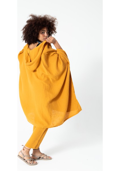 Karamel Müslin Salaş Kapüşonlu Bohem Kaftan